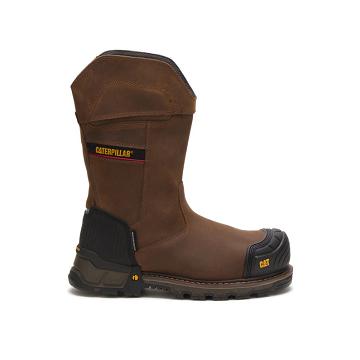 Men's Caterpillar Excavator XL Pull On Waterproof Composite Toe Work Boots Coffee | CAT195-MY